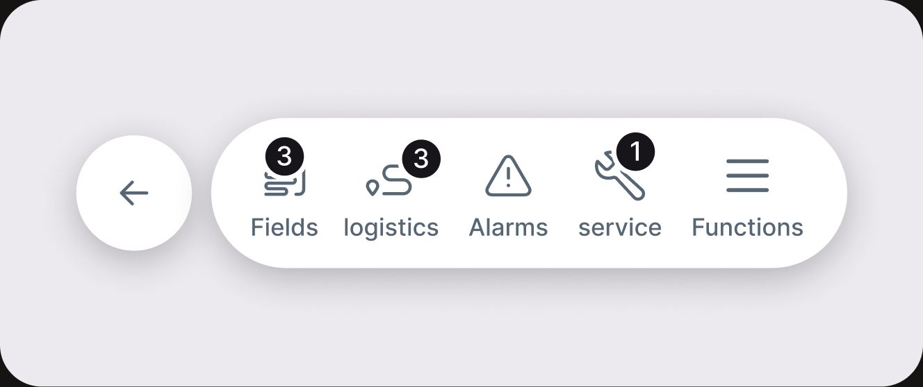 Floating toolbar: fields, logistics, alarms, service, functions