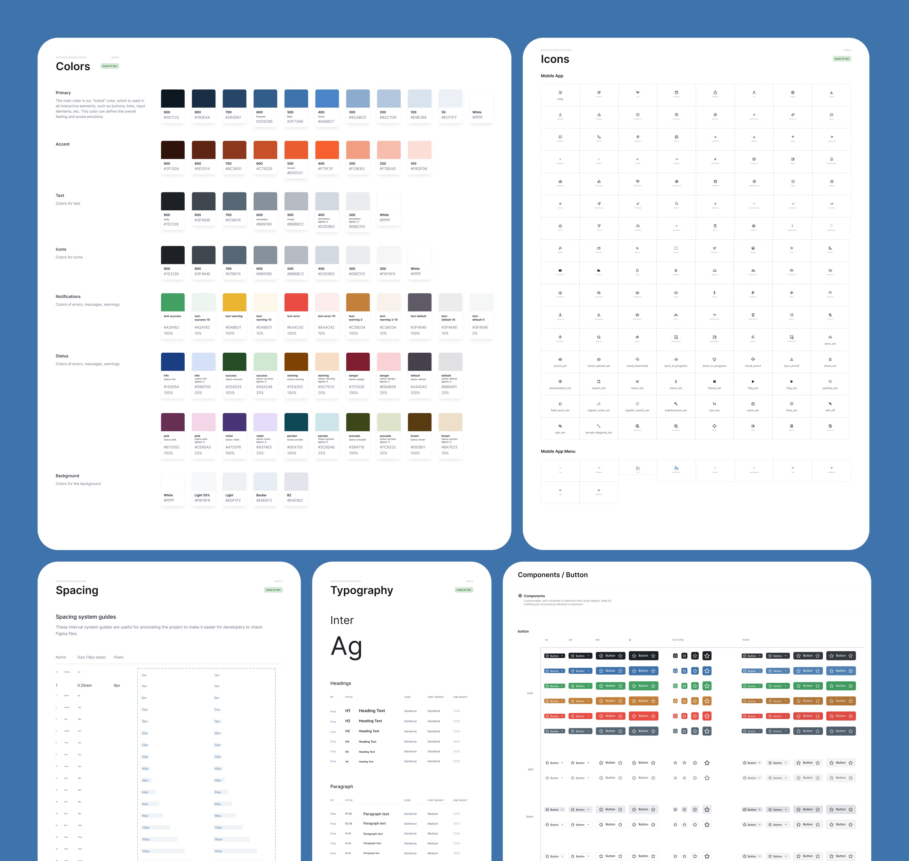 OnTrack design system: colors, icons, spacing, typography, buttons