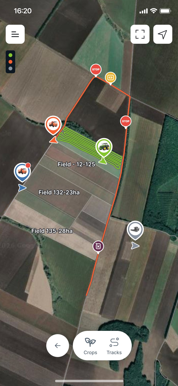 Machinery tracks on the map