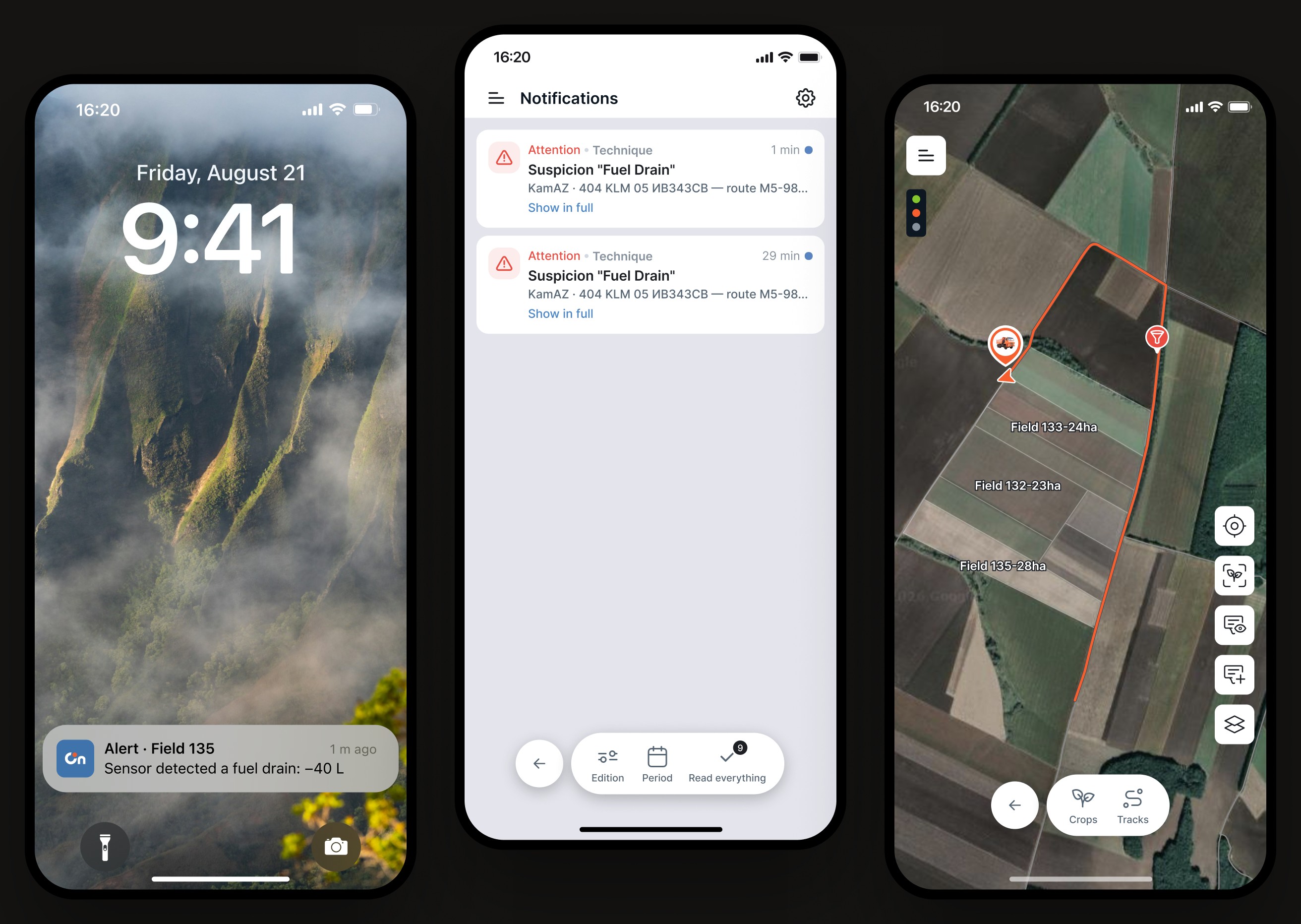 Push on the lock screen, notifications list, fuel drain on the map