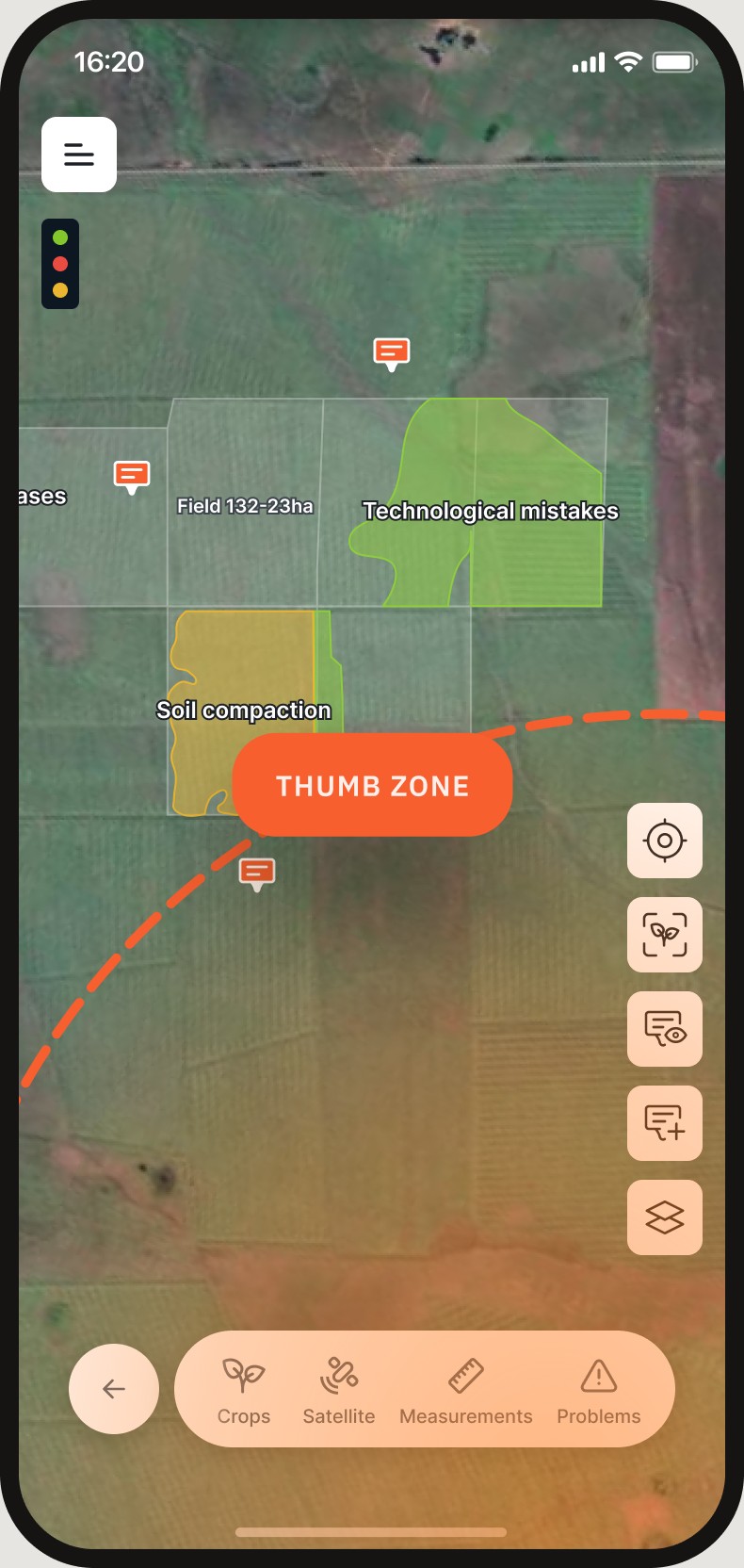 Map screen with the thumb zone highlighted